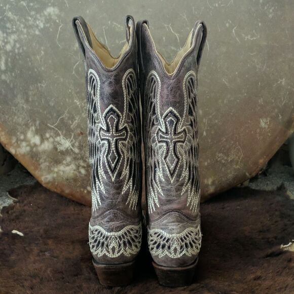 CORRAL A1241 distressed taupe/black winged cross black sequins cowgirl boots 7.5 - Picture 4 of 16